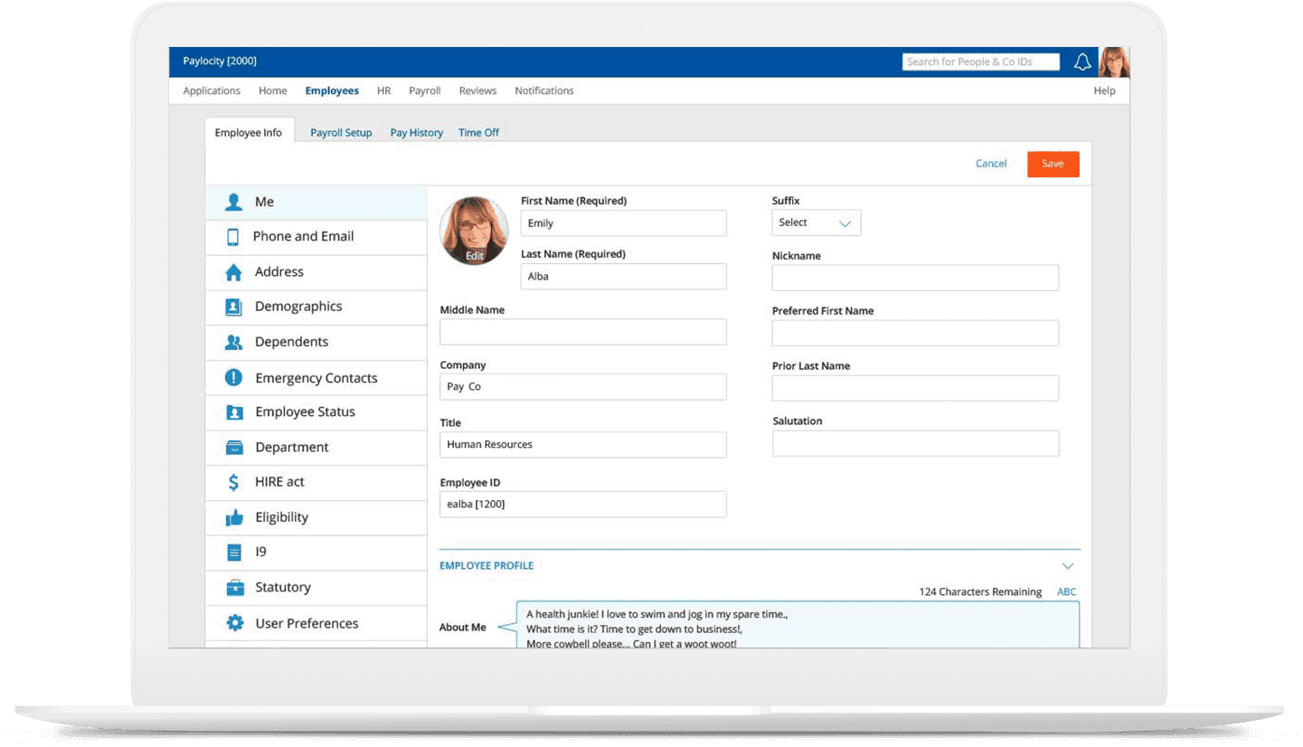 Paylocity Employee Information Page in Editable State Using Design System Components
