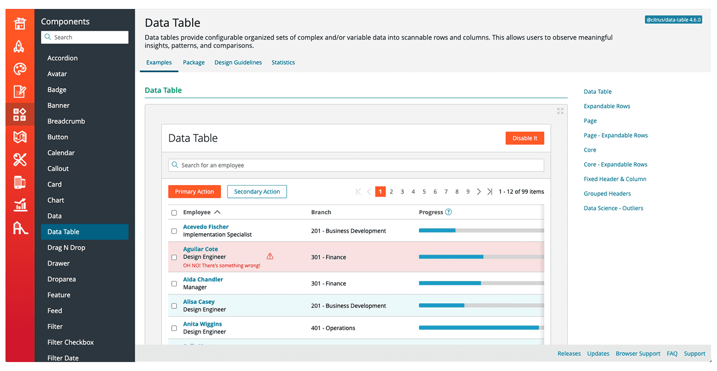 Paylocity Design System Components Datatable